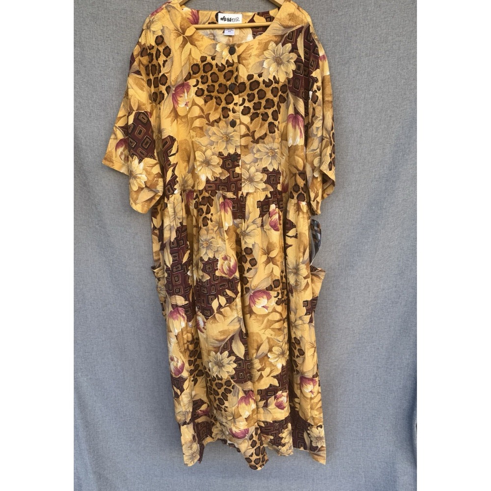 Vintage 90s We Be Bop Dress 4X Plus Abstract Floral Animal Brown Art Boho Rayon